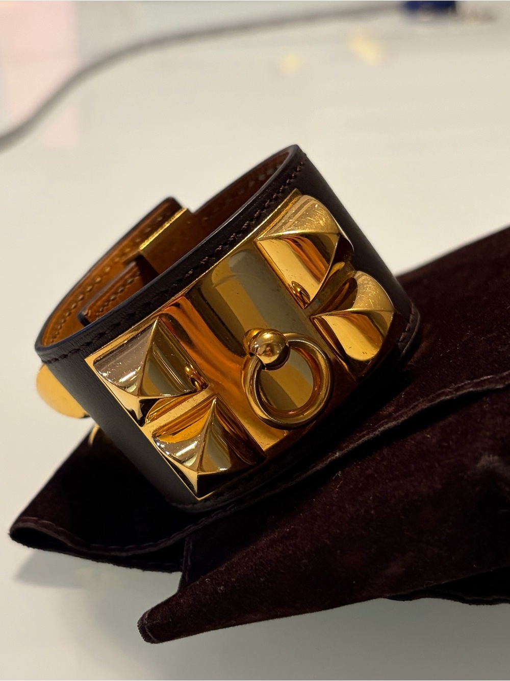Hermes chocolate brown Collier de chien CDC Bracelet with Gold Hardware